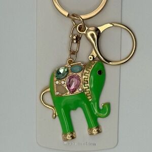 Green Elephant Rhinestone Gold Key Chain Purse Backpack Charm Keychain